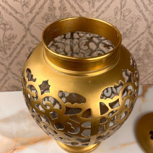 Luminary Alter Temple Jar Filigree Pattern Lid Open Bottom 13 in Metal Decor - Picture 9 of 11